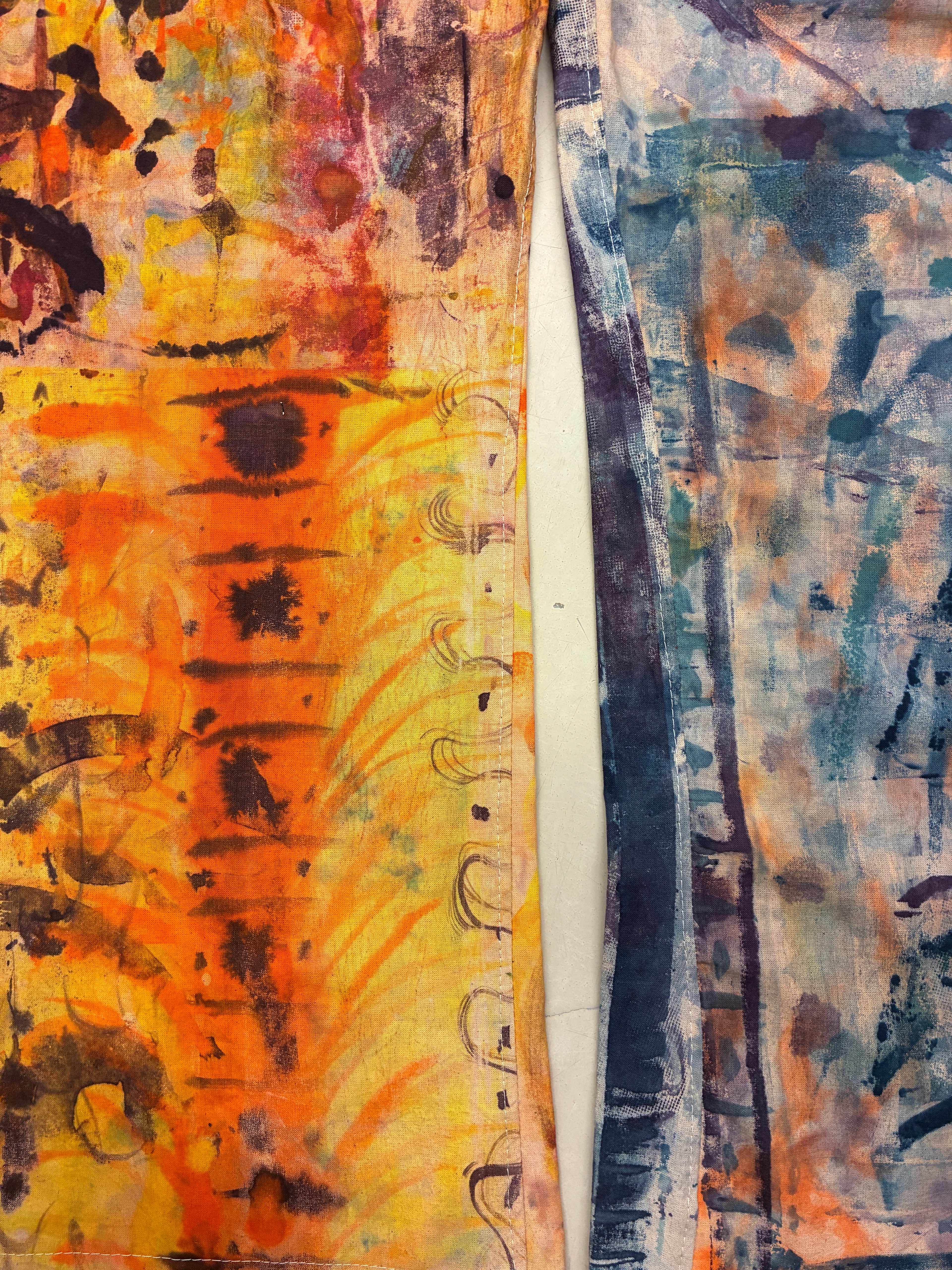 Two abstract art pieces with vibrant colors and patterns.
