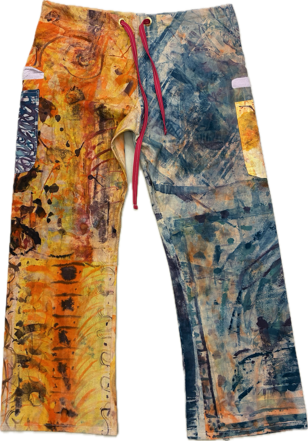 Colorful patterned pants with a red drawstring on a white background