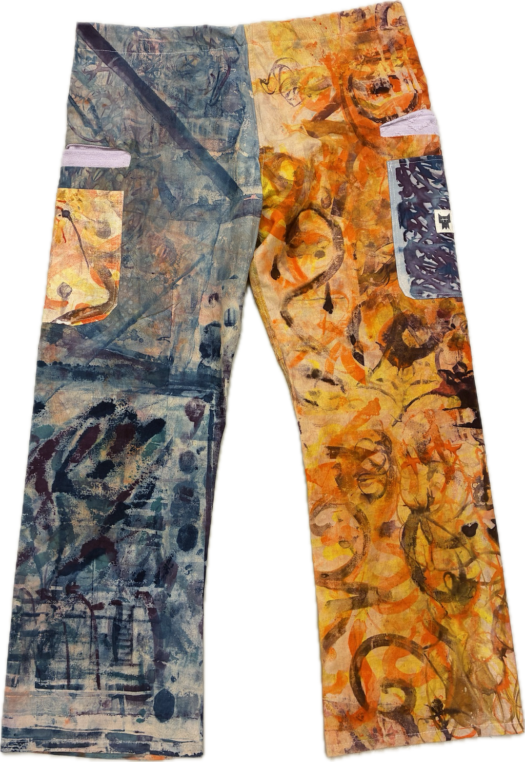 Colorful patterned pants with abstract design on a white background