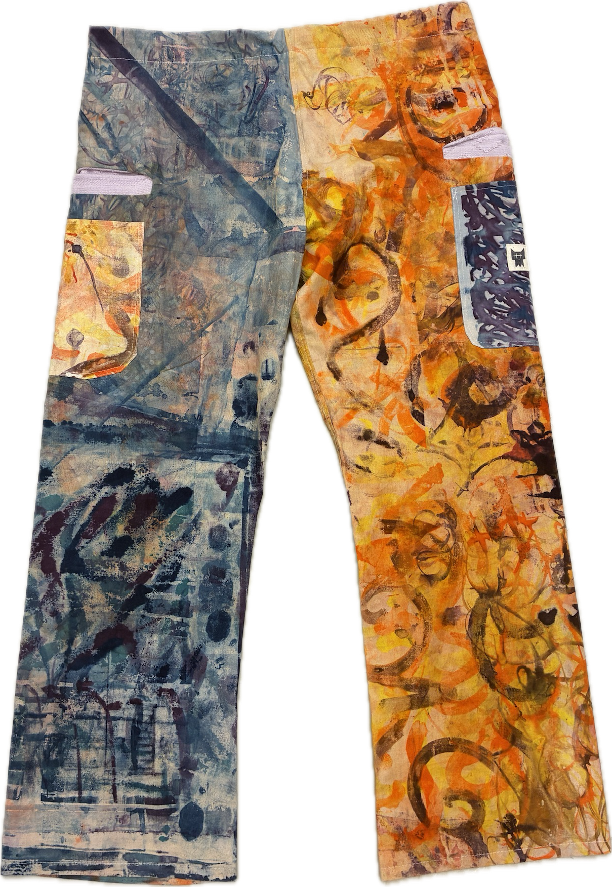 Colorful patterned pants with abstract design on a white background